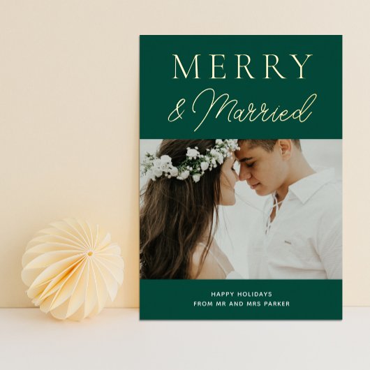 Merry Married Green Gold Script Foto Kerstmis Folie Feestdagenkaart