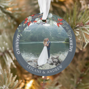 Merry Married Greenery Foto Blauwe Eerste Kerstmis Ornament