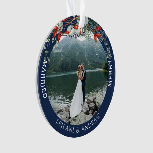 Merry Married Greenery Waterverf Foto Navy Blue Ornament (voorkant)