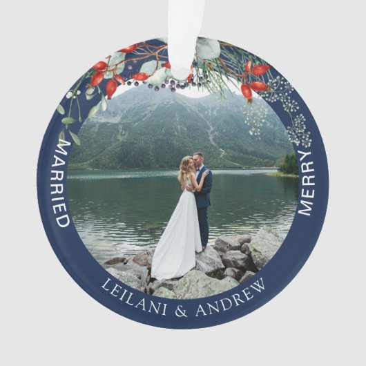 Merry Married Greenery Waterverf Foto Navy Blue Ornament (voorkant)