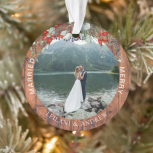 Merry Married Greenery Waterverf Foto Wood Ornament