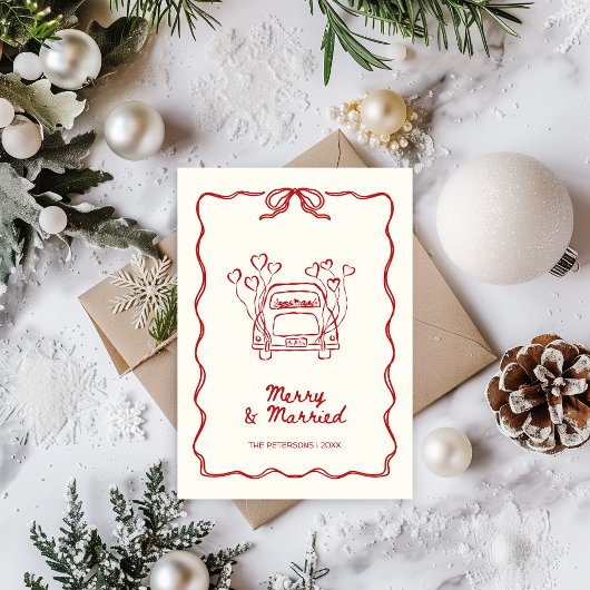 Merry & Married Hand-getekende Rode Foto Kerstmis Feestdagenkaart
