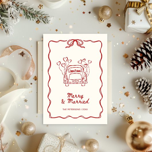 Merry & Married Hand-getekende Rode Foto Kerstmis Feestdagenkaart