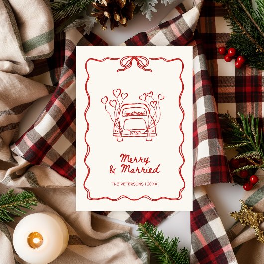Merry & Married Hand-getekende Rode Foto Kerstmis Feestdagenkaart