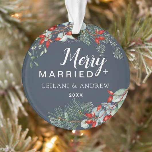 Merry Married Holly Greenery Christmas Grey Ornament (Boom)