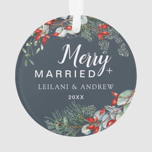 Merry Married Holly Greenery Christmas Grey Ornament (achterkant)