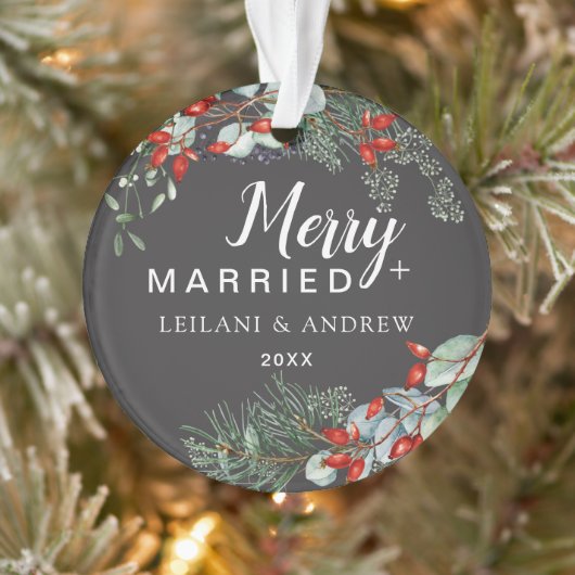 Merry Married Holly Greenery Christmas Grey Ornament (Boom)