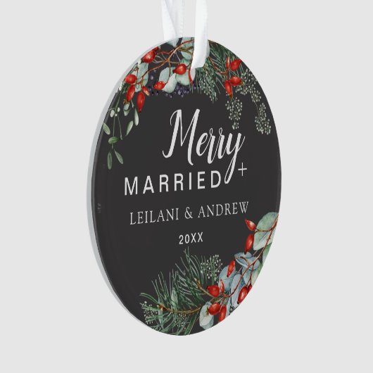 Merry Married Holly Greenery Christmas Grey Ornament (voorkant)