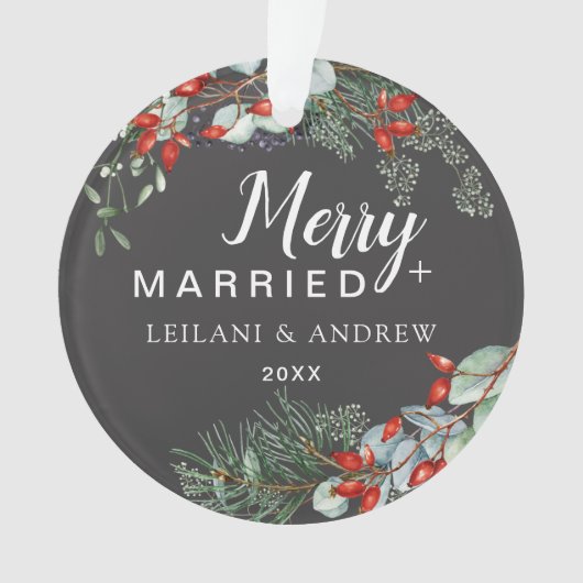 Merry Married Holly Greenery Christmas Grey Ornament (voorkant)