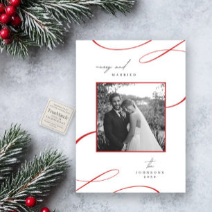 Merry & Married Minimalist Rood Zwart Wit Foto Feestdagenkaart