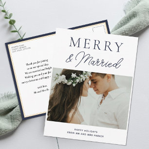 Merry Married Modern Blue Script-foto Kerstmis Feestdagenkaart