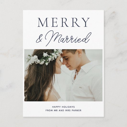 Merry Married Modern Blue Script-foto Kerstmis Feestdagenkaart (Voorkant)