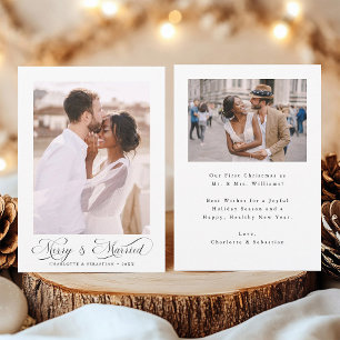 Merry & Married Modern Elegant Script 2 Foto Feestdagenkaart