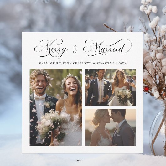 Merry & Married Modern Elegant Script 3 Foto Feestdagenkaart
