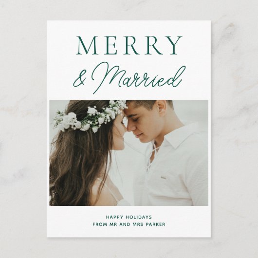 Merry Married Modern Green Script Foto Kerstmis Feestdagenkaart (Voorkant)