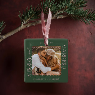 Merry & Married Modern Minimal Wavy Photo Keepsake Keramisch Ornament