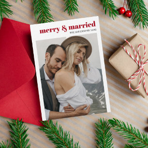Merry & Married Modern Rood Schattige Foto Kerstmi Feestdagenkaart