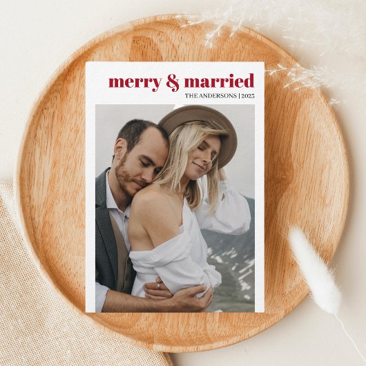 Merry & Married Modern Rood Schattige Foto Kerstmi Feestdagenkaart