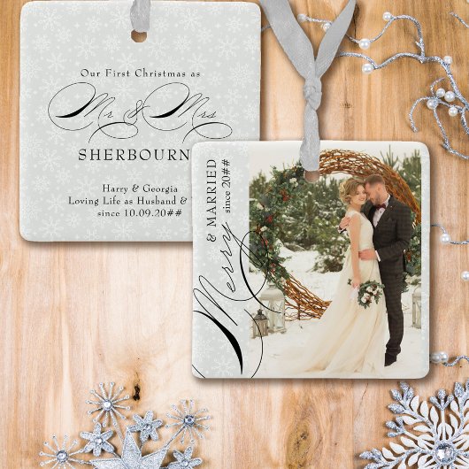 Merry Married Mr. en Mrs Vertical Photo Snowflake Keramisch Ornament