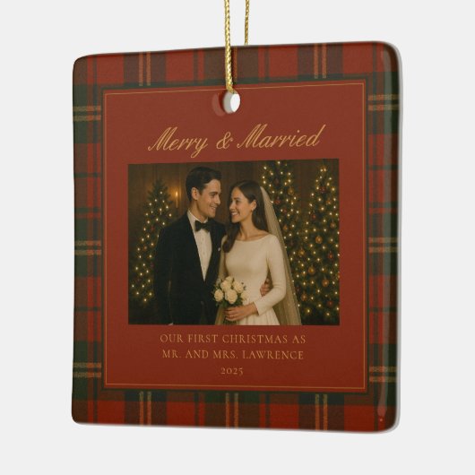 Merry & Married Newlywed First Christmas Photo Keramisch Ornament (Links)