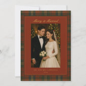 Merry & Married Newlywed Plaid Christmas Photo Feestdagenkaart (Voorkant)