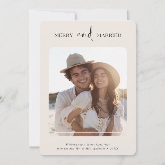 Merry & Married Pas getrouwd Kerstfoto Ivoor Feestdagenkaart (Voorkant)