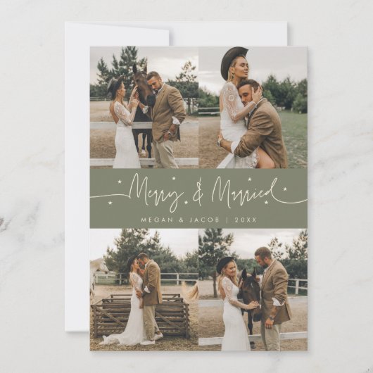 Merry & Married Pas getrouwd Multi Photo Sage Feestdagenkaart (Voorkant)