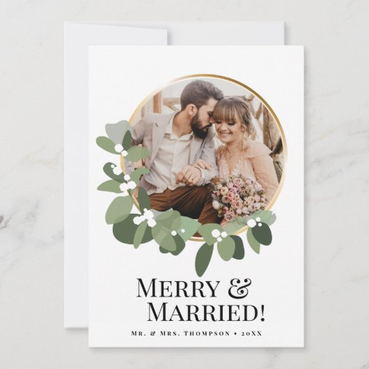 Merry & Married Photo Modern wreath Elegant Feestdagenkaart (Voorkant)