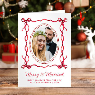 Merry Married Red Bow Passen getrouwd Kerstfoto Feestdagen Kaart