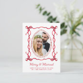 Merry Married Red Bow Passen getrouwd Kerstfoto Feestdagenkaart (Staand voorkant)