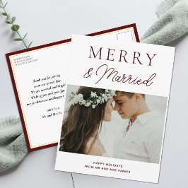 Merry Married Red Script Moderne Foto Kerstmis Feestdagenkaart