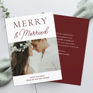 Merry Married Red Script Moderne Foto Kerstmis Feestdagenkaart
