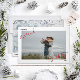 Merry & Married Red Script Mr. & Mrs Photo Xmas Feestdagenkaart