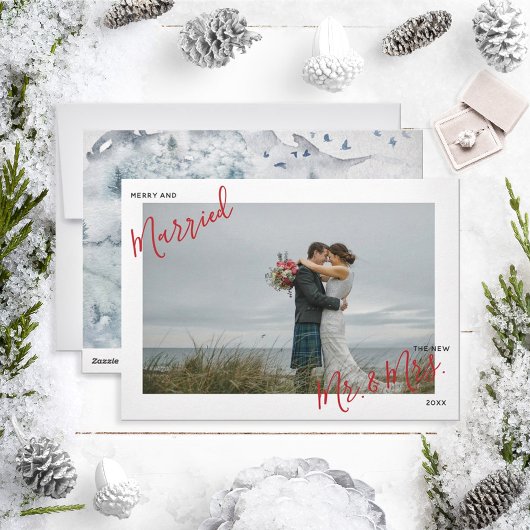 Merry & Married Red Script Mr. & Mrs Photo Xmas Feestdagenkaart