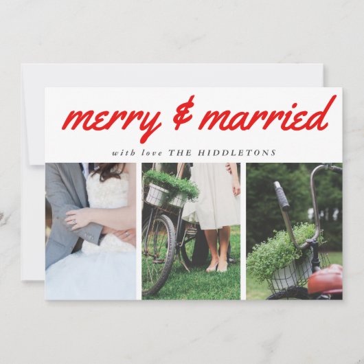 Merry & Married Red Typography Three Photo Holiday Feestdagenkaart (Voorkant)