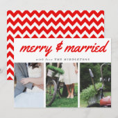 Merry & Married Red Typography Three Photo Holiday Feestdagenkaart (Voorkant / Achterkant)