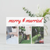 Merry & Married Red Typography Three Photo Holiday Feestdagenkaart (Staand voorkant)