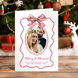 Merry Married Red Wavy Lijst Bow Foto Kerst Feestdagen Kaart