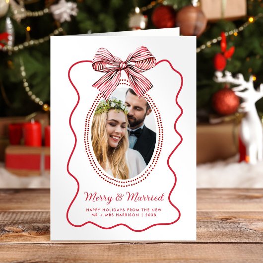 Merry Married Red Wavy Lijst Bow Foto Kerst Feestdagen Kaart