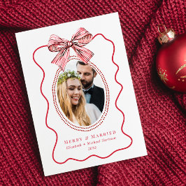 Merry Married Red Wavy Lijst Bow Foto Kerst Feestdagenkaart
