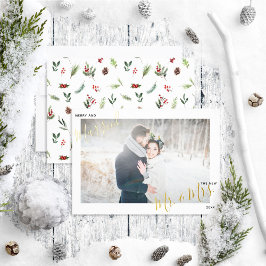 Merry & Married Rode Winter Huwelijksfoto Folie Feestdagenkaart