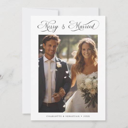 Merry & Married Romantic Script 2 Foto Feestdagenkaart (Voorkant)
