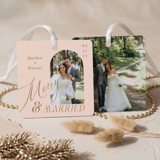 Merry & Married Script Modern Verloving Foto Metalen Ornament