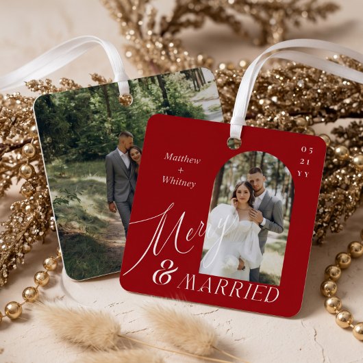 Merry & Married Script Modern Verloving Foto Metalen Ornament