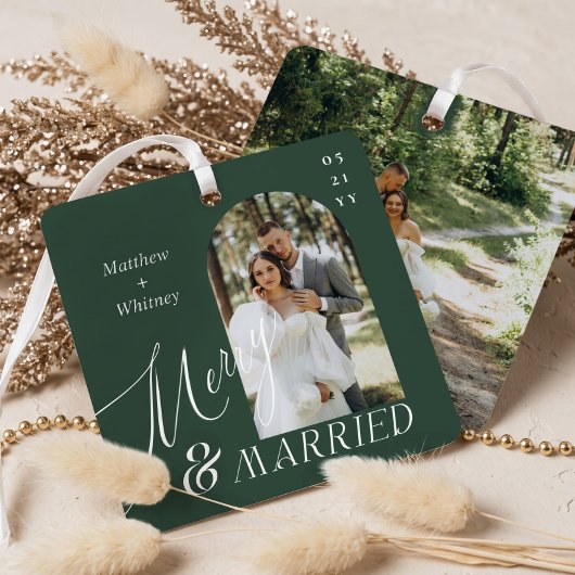 Merry & Married Script Modern Verloving Foto Metalen Ornament