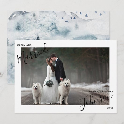 Merry & Married Script Naam Foto Mr. Mrs. Christma Feestdagenkaart (Voorkant / Achterkant)