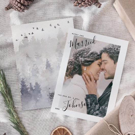 Merry & Married Script Name Photo Christmas Card Feestdagenkaart