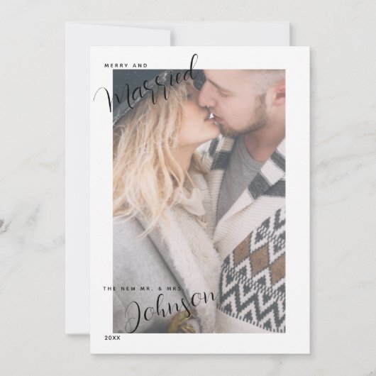Merry & Married Script Plaid Foto Kerst Kaart (Voorkant)