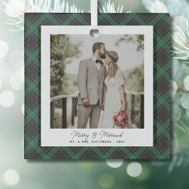 Merry & Married Tartan Plaid Pas getrouwd Foto Aan Glas Ornament