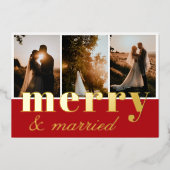 Merry & Married Three Fotocollage Rood Wit Folie Feestdagenkaart (Voorkant)